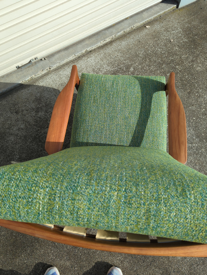 Single Danish Deluxe paddle high back armchairs Inga restored Zepel fabric boucle green turtle