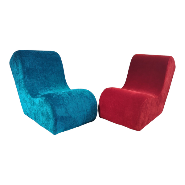 Pair (two) post modern armchairs occasional chairs Warwick velvet red blue