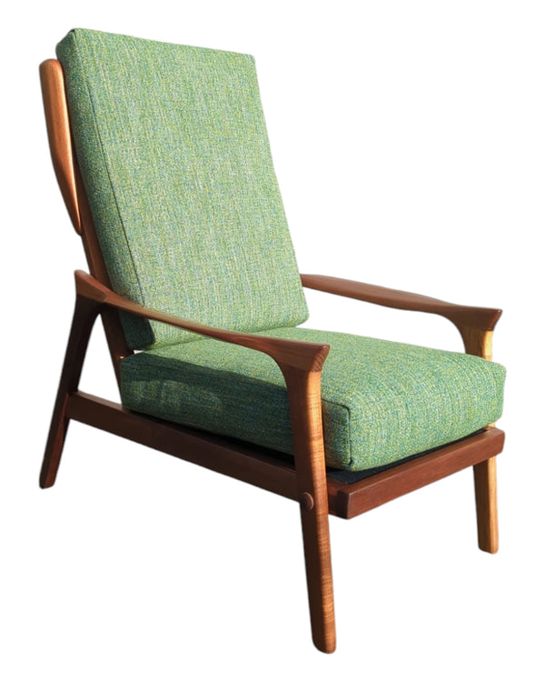 Pre order - Danish Deluxe paddle high back armchairs Inga restored Zepel fabric boucle green turtle