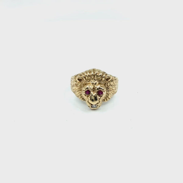 Solid 9ct Yellow Gold Diamond Lion Gents Ruby Head Ring polished restored size S