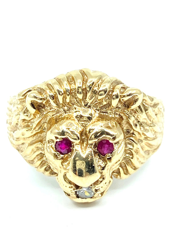 Solid 9ct Yellow Gold Diamond Lion Gents Ruby Head Ring polished restored size S