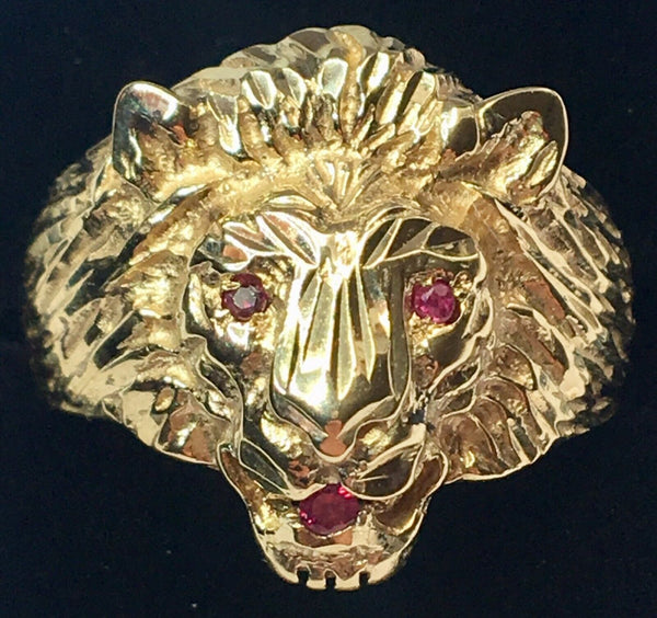 Solid 9 carat gold lion gents ring ruby made in England Birmingham