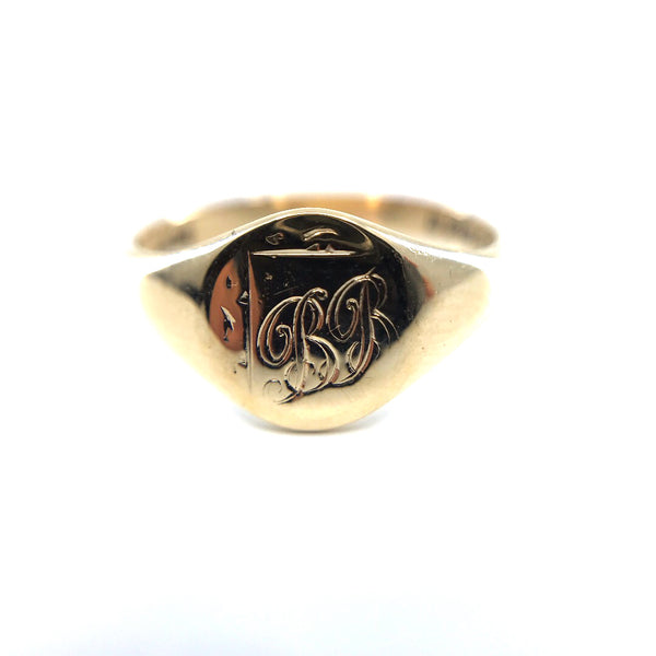 Oval 9ct yellow gold gents mens signet ring size R England London 1960s initials BB